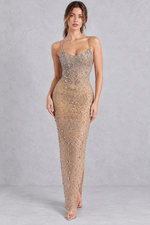 Women’s rhinestone mesh bodycon dress with sparkling embellishments, sheer mesh detailing and a fitted figure-skimming silhouette.