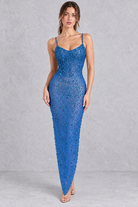 Women’s rhinestone mesh bodycon dress with sparkling embellishments, sheer mesh detailing and a fitted figure-skimming silhouette.