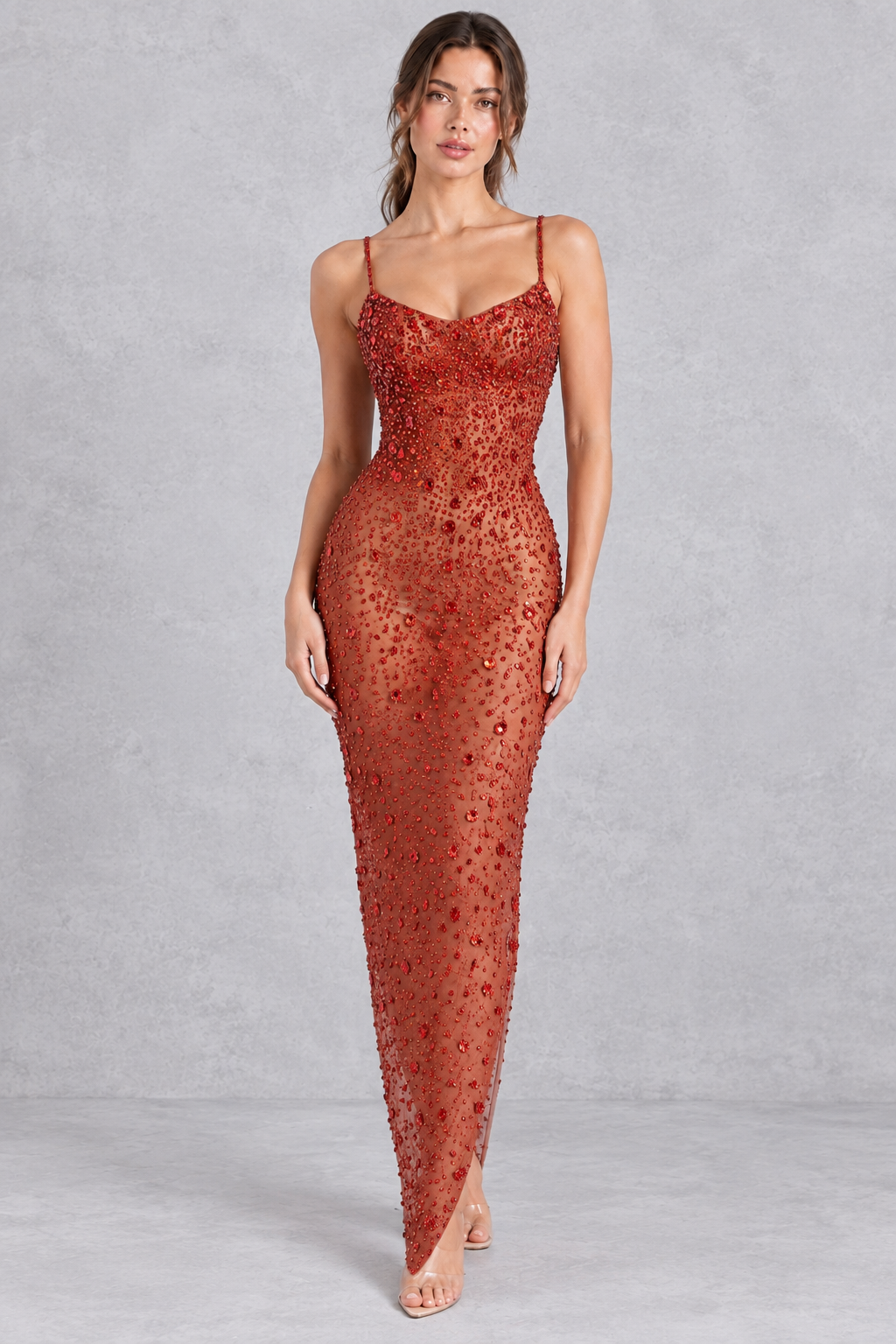 Women’s rhinestone mesh bodycon dress with sparkling embellishments, sheer mesh detailing and a fitted figure-skimming silhouette.