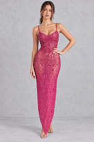 Women’s rhinestone mesh bodycon dress with sparkling embellishments, sheer mesh detailing and a fitted figure-skimming silhouette.