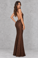 Women’s rhinestone mesh maxi dress with a square neckline, delicate straps, sheer patchwork, backless design and fitted silhouette.