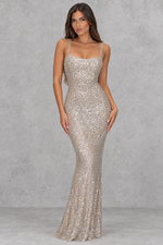 Women’s rhinestone mesh maxi dress with a square neckline, delicate straps, sheer patchwork, backless design and fitted silhouette.