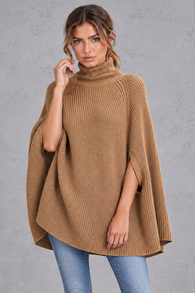 Women's Ribbed Turtleneck Cape Jumper – Camel – front view