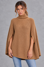 Women's Ribbed Turtleneck Cape Jumper – Camel – detail view