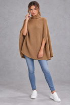 Women's Ribbed Turtleneck Cape Jumper – Camel – full-length front view
