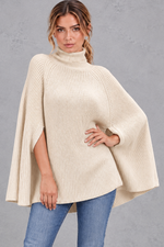 Women's Ribbed Turtleneck Cape Jumper – Cream – front view