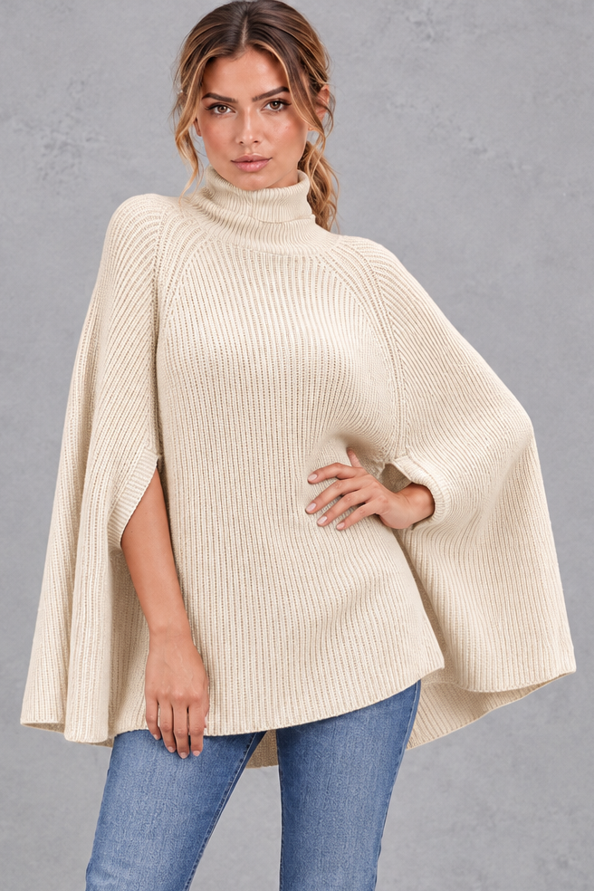 Women's Ribbed Turtleneck Cape Jumper – Cream – front view