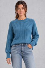 Women's blue wide rib crew neck jumper – front view