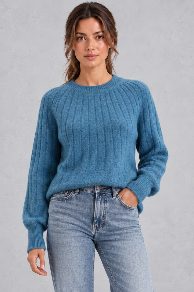 Women's blue wide rib crew neck jumper – front view