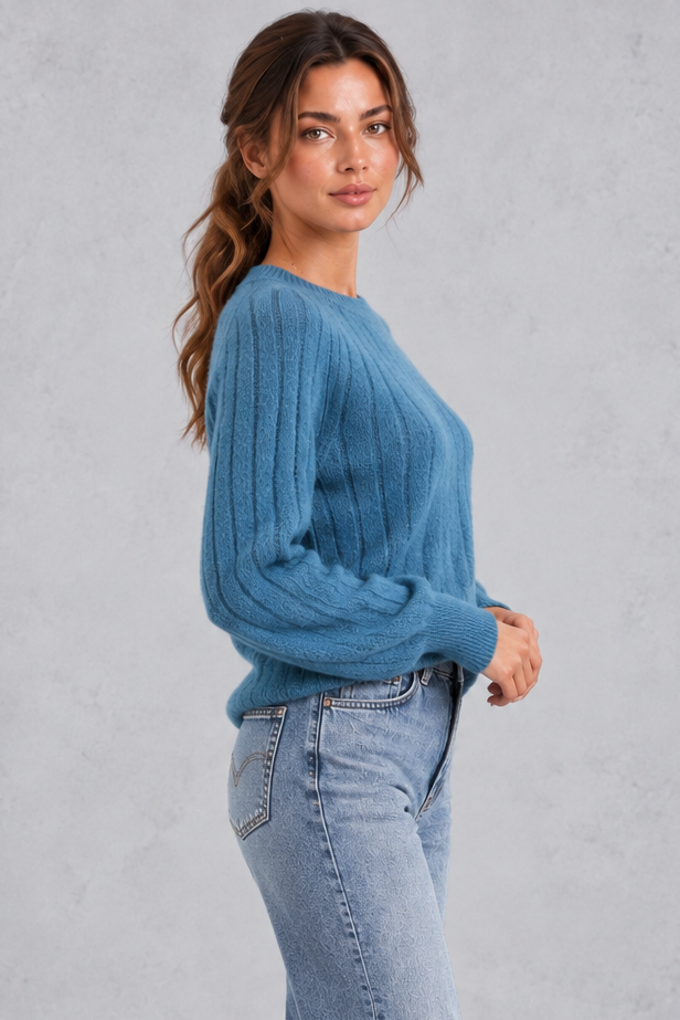 Women's blue wide rib crew neck jumper – side view