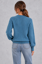 Women's blue wide rib crew neck jumper – back view