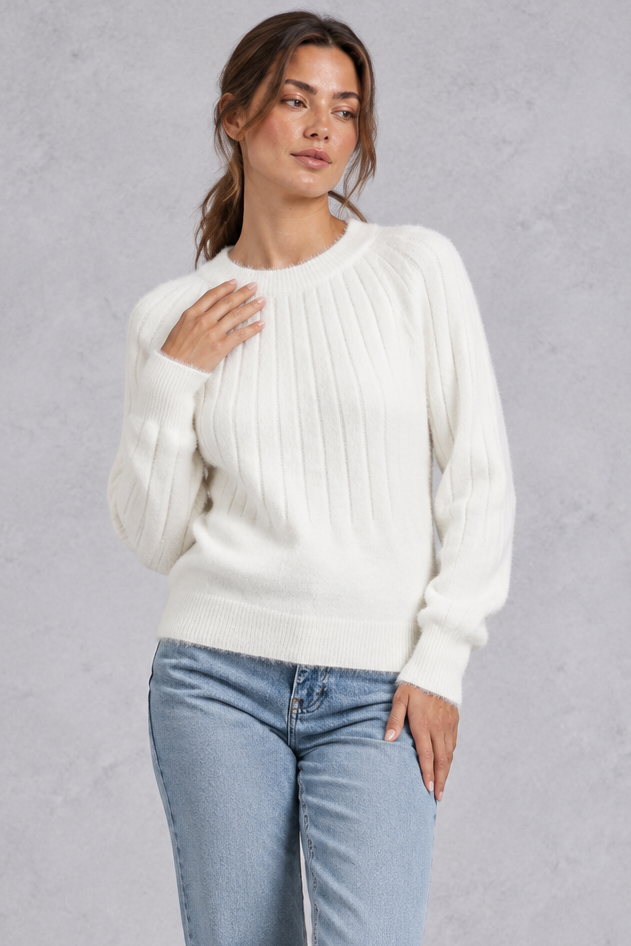 Women's white wide rib crew neck jumper – front view