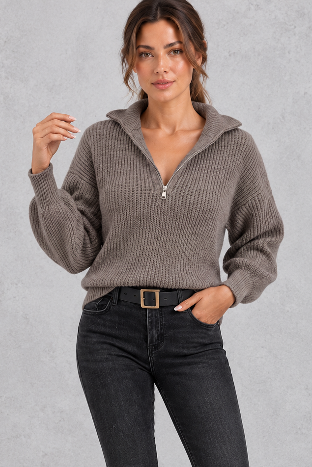 Women's taupe ribbed half-zip balloon sleeve jumper – front view
