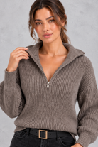 Women's taupe ribbed half-zip balloon sleeve jumper – close-up of the half-zip collar and ribbed knit