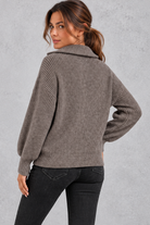 Women's taupe ribbed half-zip balloon sleeve jumper – back view
