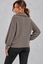 Women's taupe ribbed half-zip balloon sleeve jumper – back view