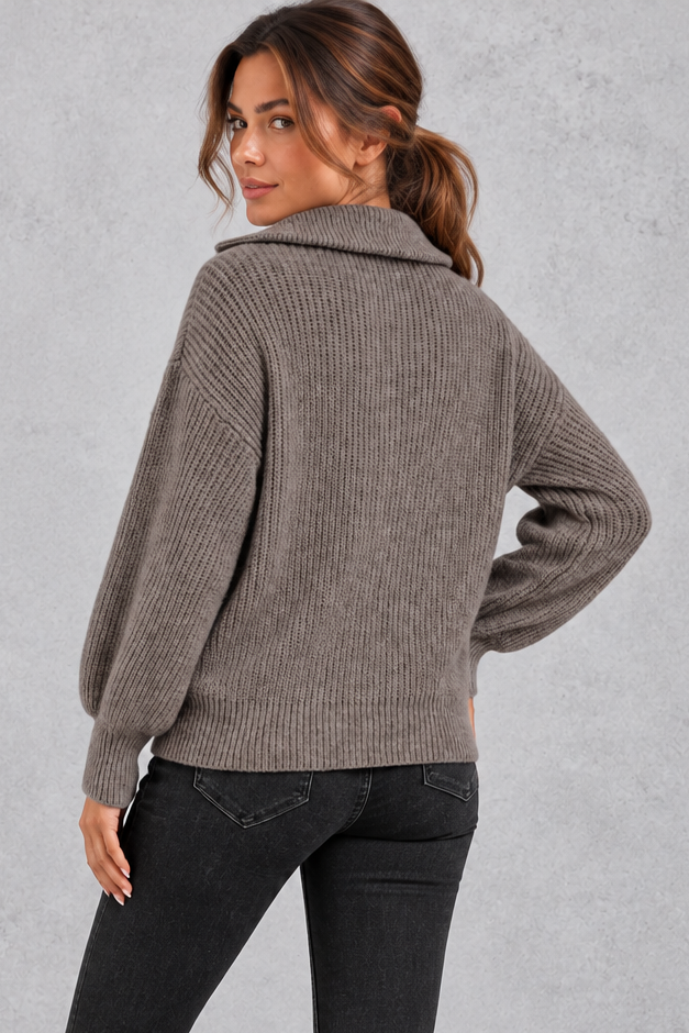 Women's taupe ribbed half-zip balloon sleeve jumper – back view
