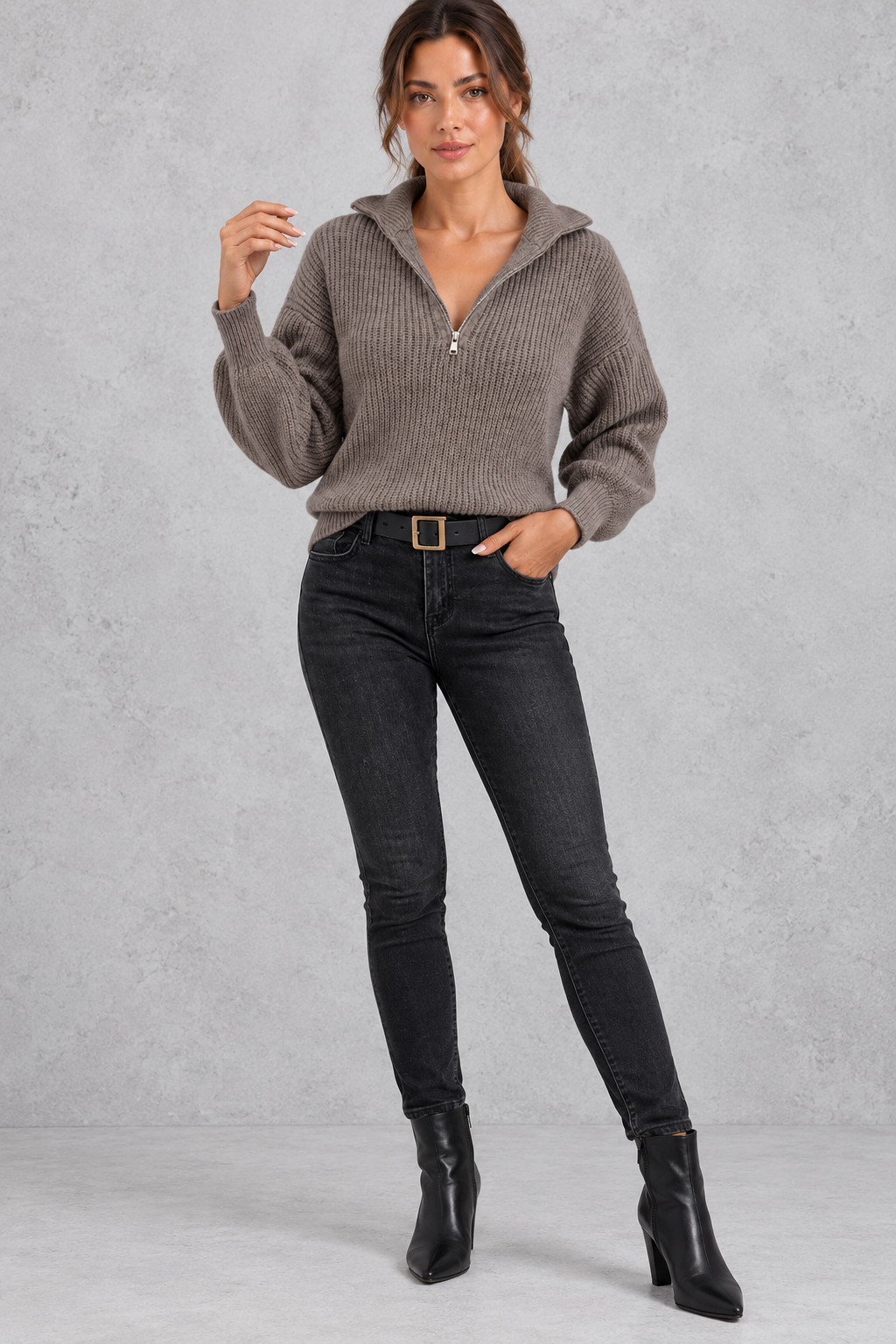 Women's taupe ribbed half-zip balloon sleeve jumper – full-length view