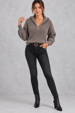 Women's taupe ribbed half-zip balloon sleeve jumper – full-length view