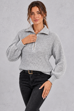 Women's grey ribbed half-zip balloon sleeve jumper – front view
