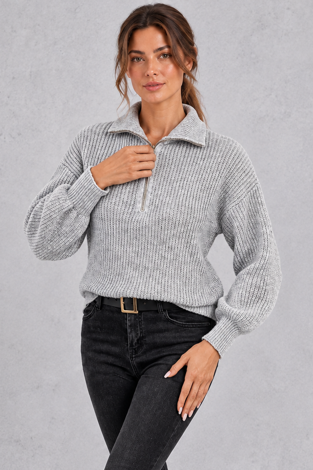 Women's grey ribbed half-zip balloon sleeve jumper – front view