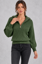Women's olive green ribbed half-zip balloon sleeve jumper – front view