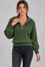 Women's olive green ribbed half-zip balloon sleeve jumper – front view