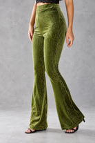 Women's Ribbed Velvet-Look Flared Trousers – High Waist & Bell-Bottom Leg – Olive – front view