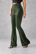 Women's Ribbed Velvet-Look Flared Trousers – High Waist & Bell-Bottom Leg – Deep Green – front view