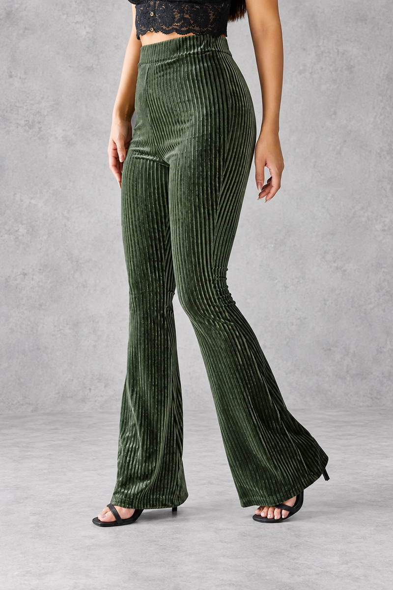 Women's Ribbed Velvet-Look Flared Trousers – High Waist & Bell-Bottom Leg – Deep Green – front view