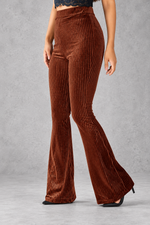 Women's Ribbed Velvet-Look Flared Trousers – High Waist & Bell-Bottom Leg – Brown – front view