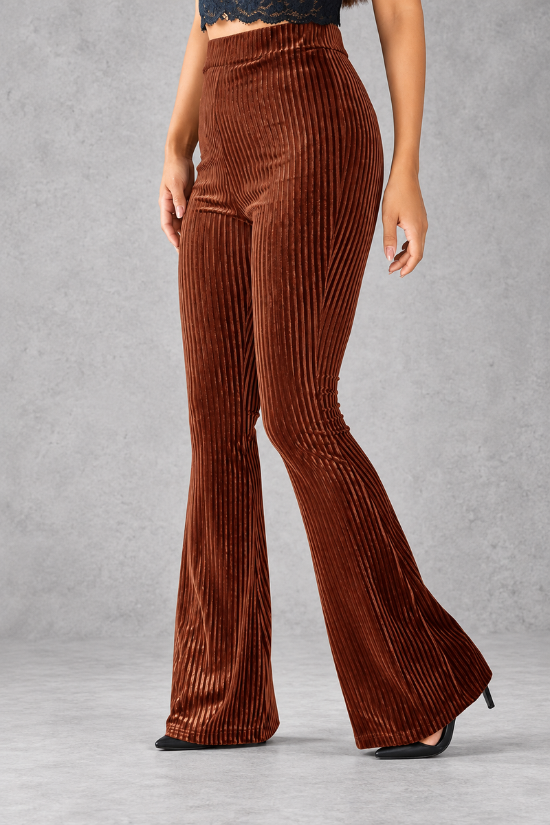 Women's Ribbed Velvet-Look Flared Trousers – High Waist & Bell-Bottom Leg – Brown – front view