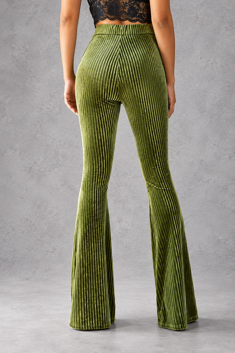 Women's Ribbed Velvet-Look Flared Trousers – High Waist & Bell-Bottom Leg – Olive – back view
