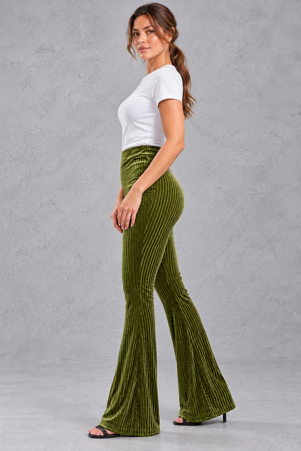 Women's Ribbed Velvet-Look Flared Trousers – High Waist & Bell-Bottom Leg – Olive – side view