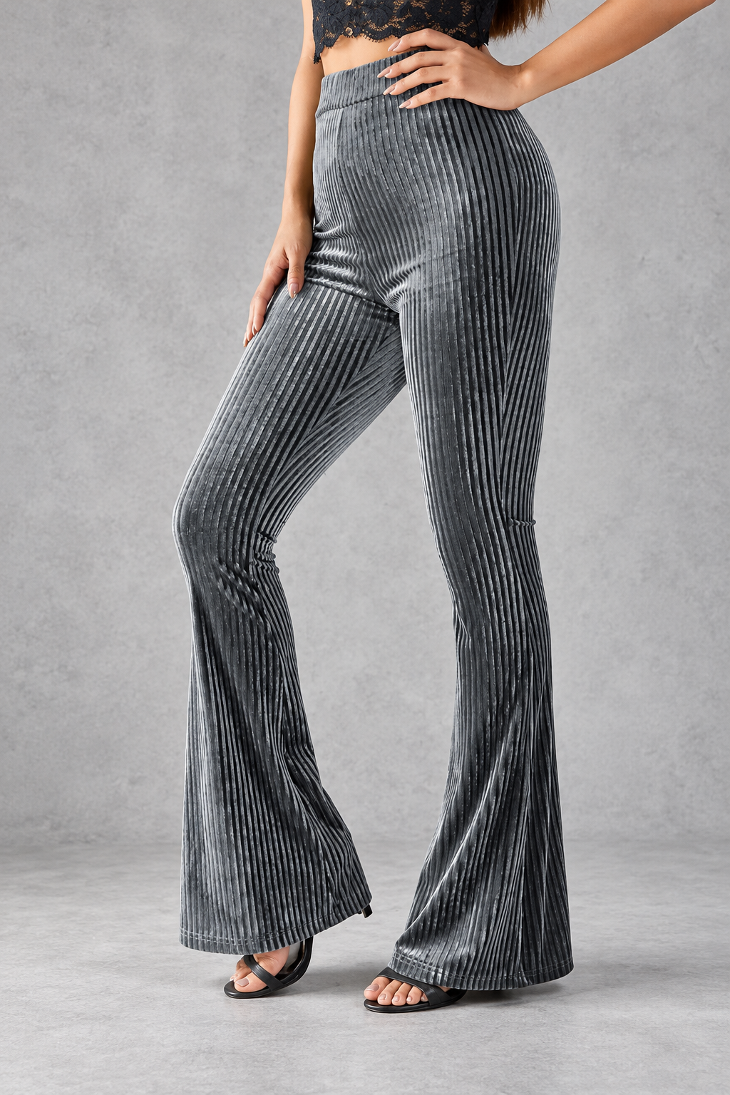 Women's Ribbed Velvet-Look Flared Trousers – High Waist & Bell-Bottom Leg – Grey – front view