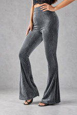 Women's Ribbed Velvet-Look Flared Trousers – High Waist & Bell-Bottom Leg – Grey – front view