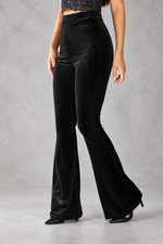 Women's Ribbed Velvet-Look Flared Trousers – High Waist & Bell-Bottom Leg – Black – front view