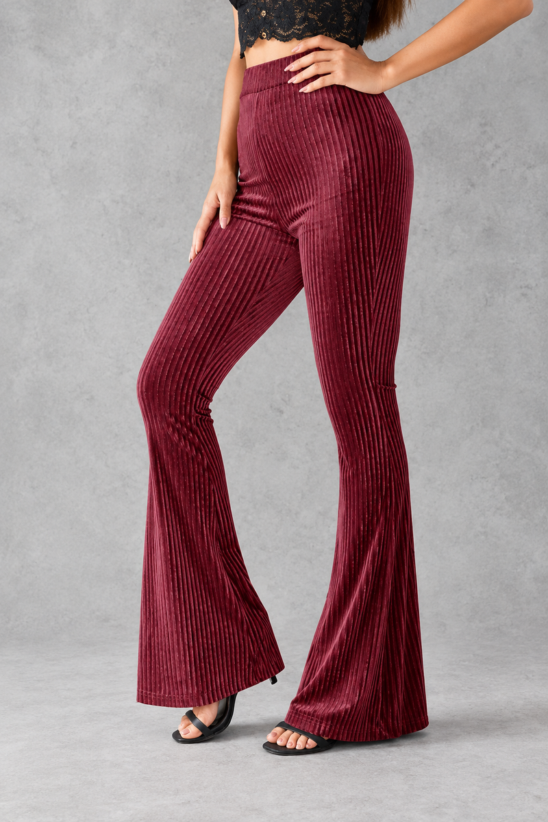 Women's Ribbed Velvet-Look Flared Trousers – High Waist & Bell-Bottom Leg – Claret – front view