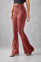 Women's Ribbed Velvet-Look Flared Trousers – High Waist & Bell-Bottom Leg – Pink – front view