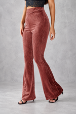 Women's Ribbed Velvet-Look Flared Trousers – High Waist & Bell-Bottom Leg – Pink – front view