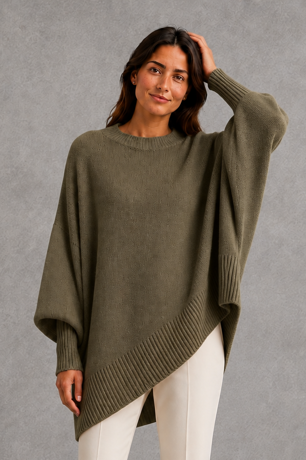 Women’s ribbed high neck knit jumper with long sleeves and a relaxed, softly draped silhouette for autumn and winter wear.