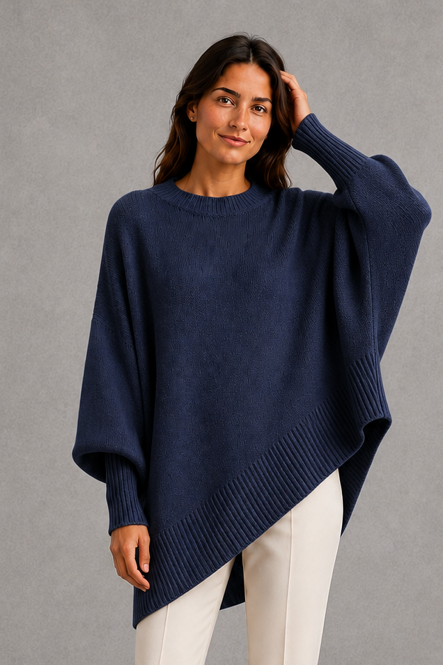 Women’s ribbed high neck knit jumper with long sleeves and a relaxed, softly draped silhouette for autumn and winter wear.
