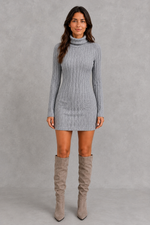 Women’s ribbed roll neck mini dress with a fitted silhouette, vertical rib-knit texture and long sleeves for elegant autumn and winter styling.