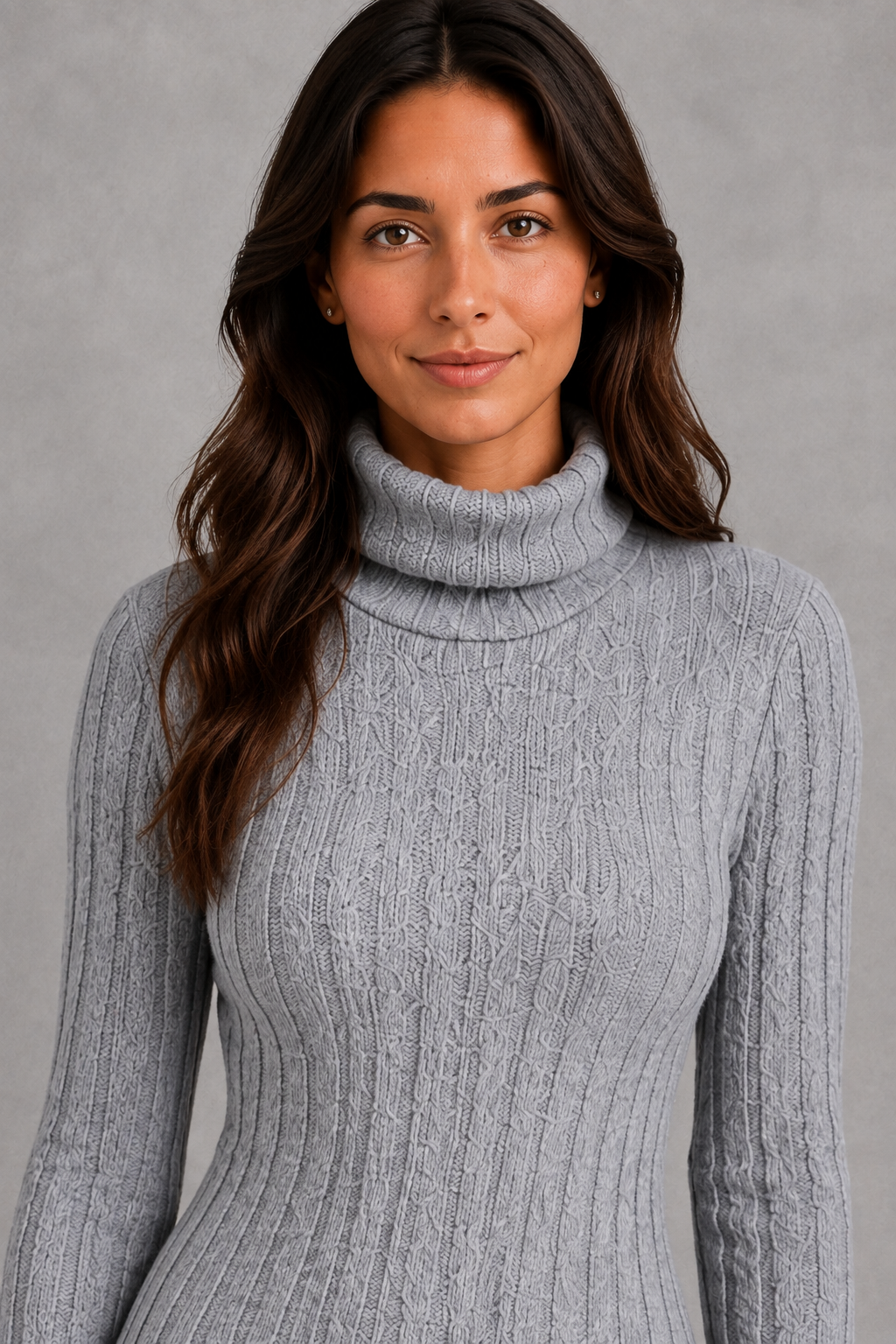 Women’s ribbed roll neck mini dress with a fitted silhouette, vertical rib-knit texture and long sleeves for elegant autumn and winter styling.
