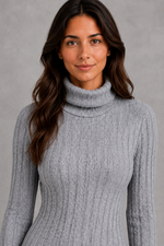 Women’s ribbed roll neck mini dress with a fitted silhouette, vertical rib-knit texture and long sleeves for elegant autumn and winter styling.