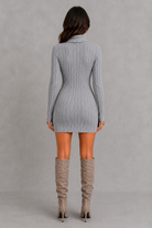 Women’s ribbed roll neck mini dress with a fitted silhouette, vertical rib-knit texture and long sleeves for elegant autumn and winter styling.
