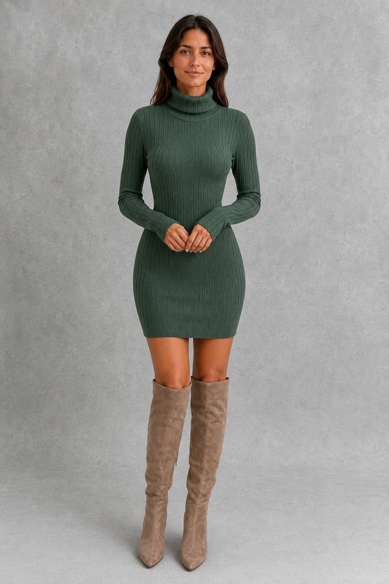 Women’s ribbed roll neck mini dress with a fitted silhouette, vertical rib-knit texture and long sleeves for elegant autumn and winter styling.