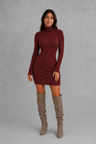 Women’s ribbed roll neck mini dress with a fitted silhouette, vertical rib-knit texture and long sleeves for elegant autumn and winter styling.