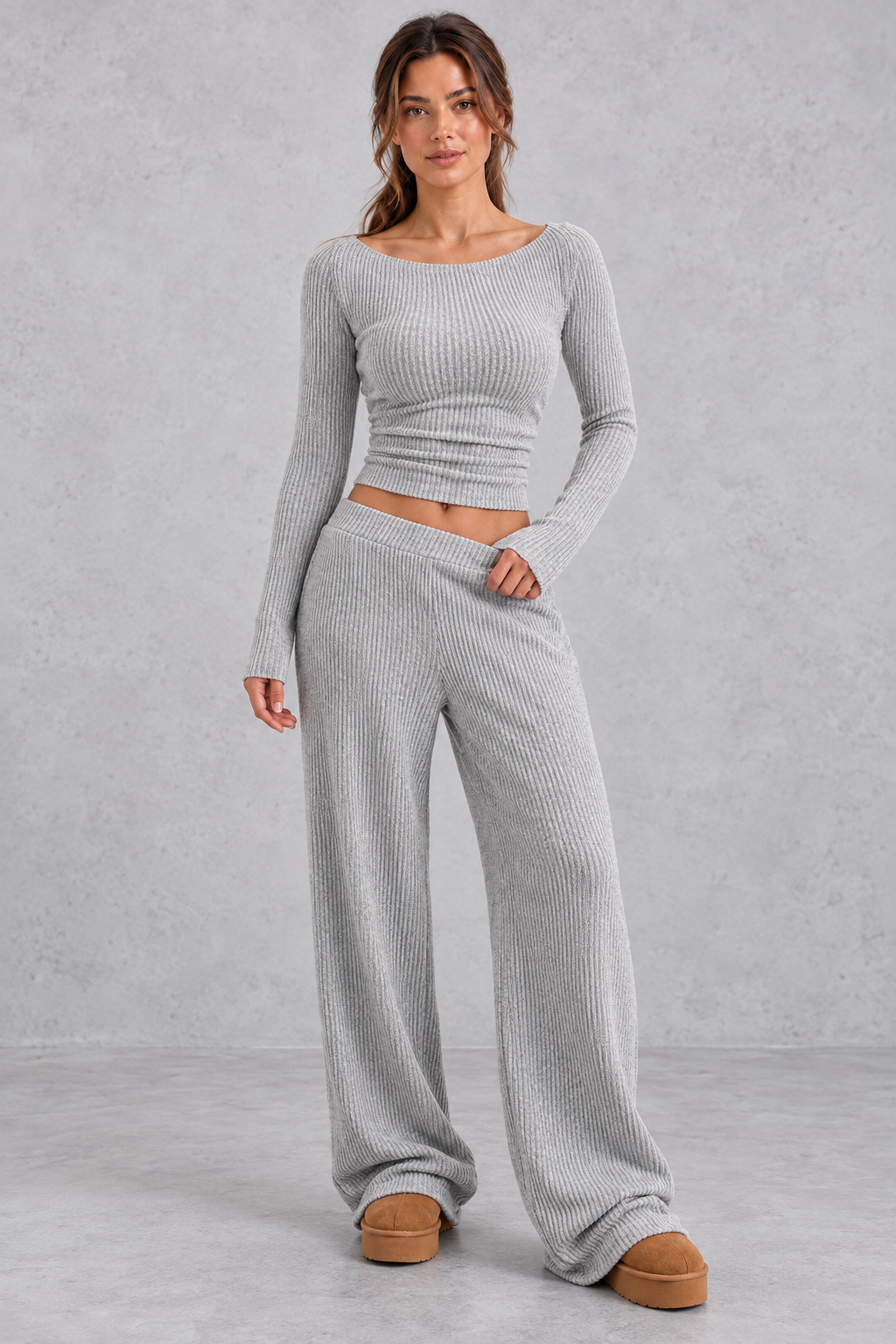 Women's grey ribbed knit co-ord set with long sleeve crop top and wide leg trousers – front view