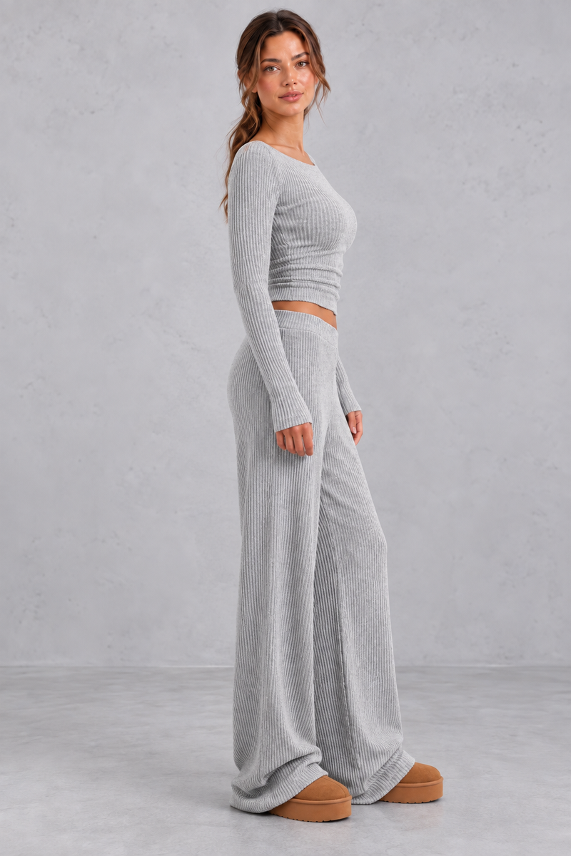 Women's grey ribbed knit co-ord set with long sleeve crop top and wide leg trousers – side view